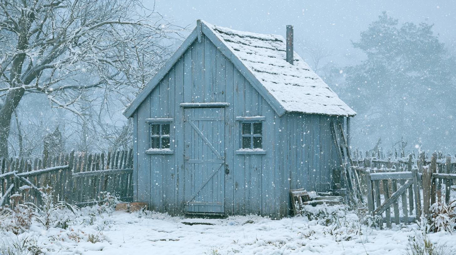 Pale blue wooden shed with snow-covered gable roof during snowfall beside a rustic fence.