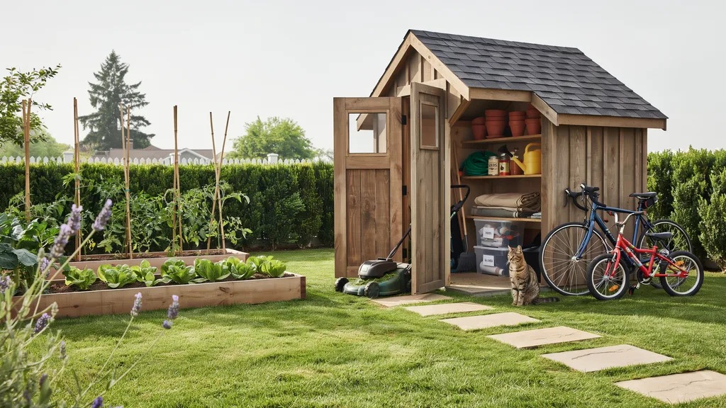 Small backyard shed used for storing tools, lawn equipment, and seasonal items.