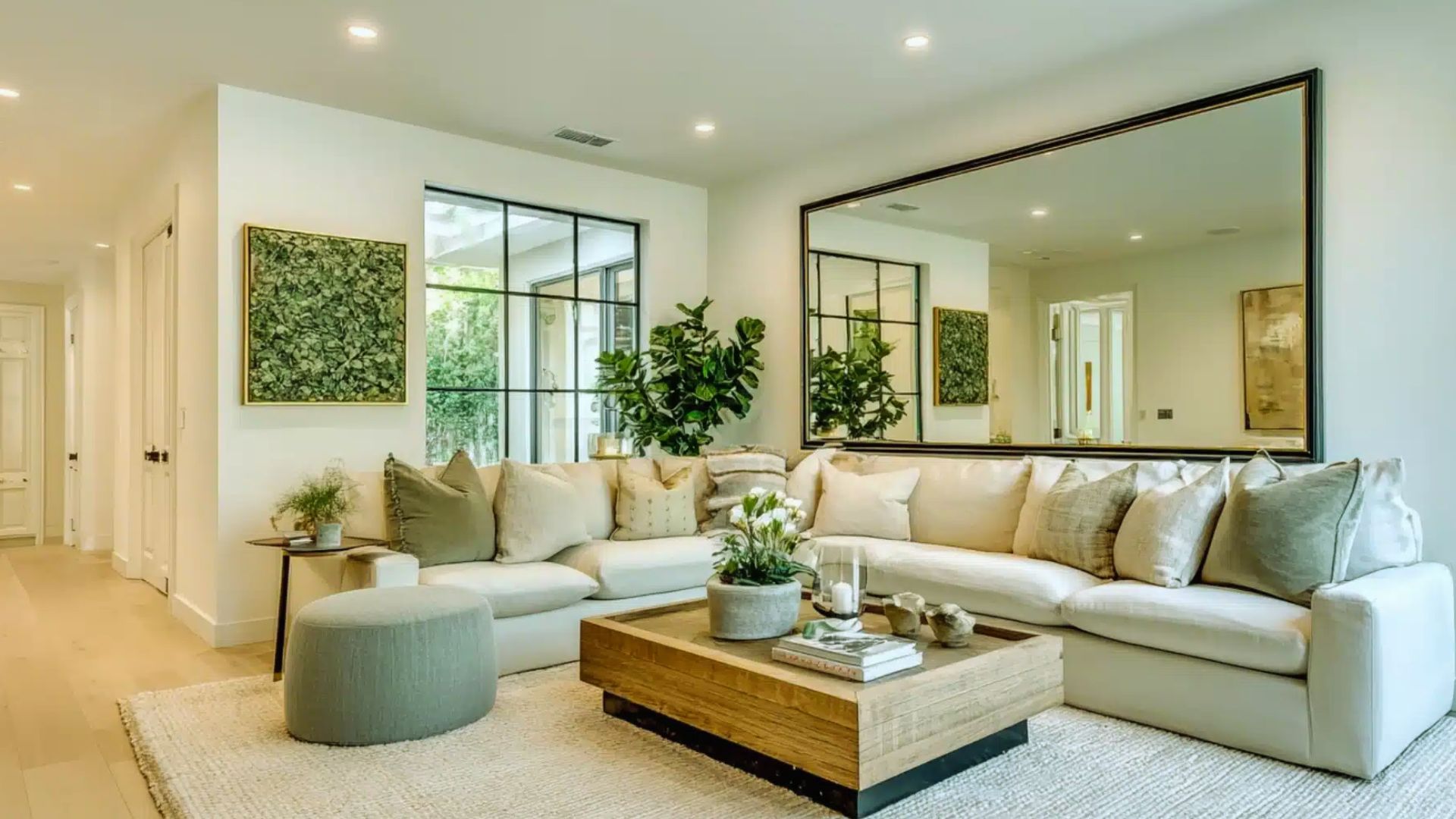 Bright white shed tiny house interior with natural light - large mirror, white sectional and black frame windows