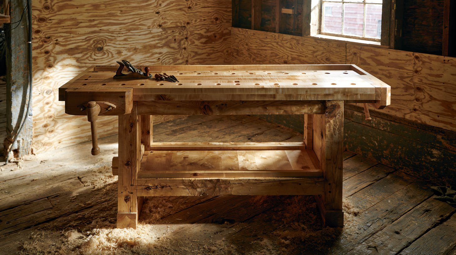 Freestanding wooden workbench with dog holes, vises, and hand tools in a sunlit workshop.