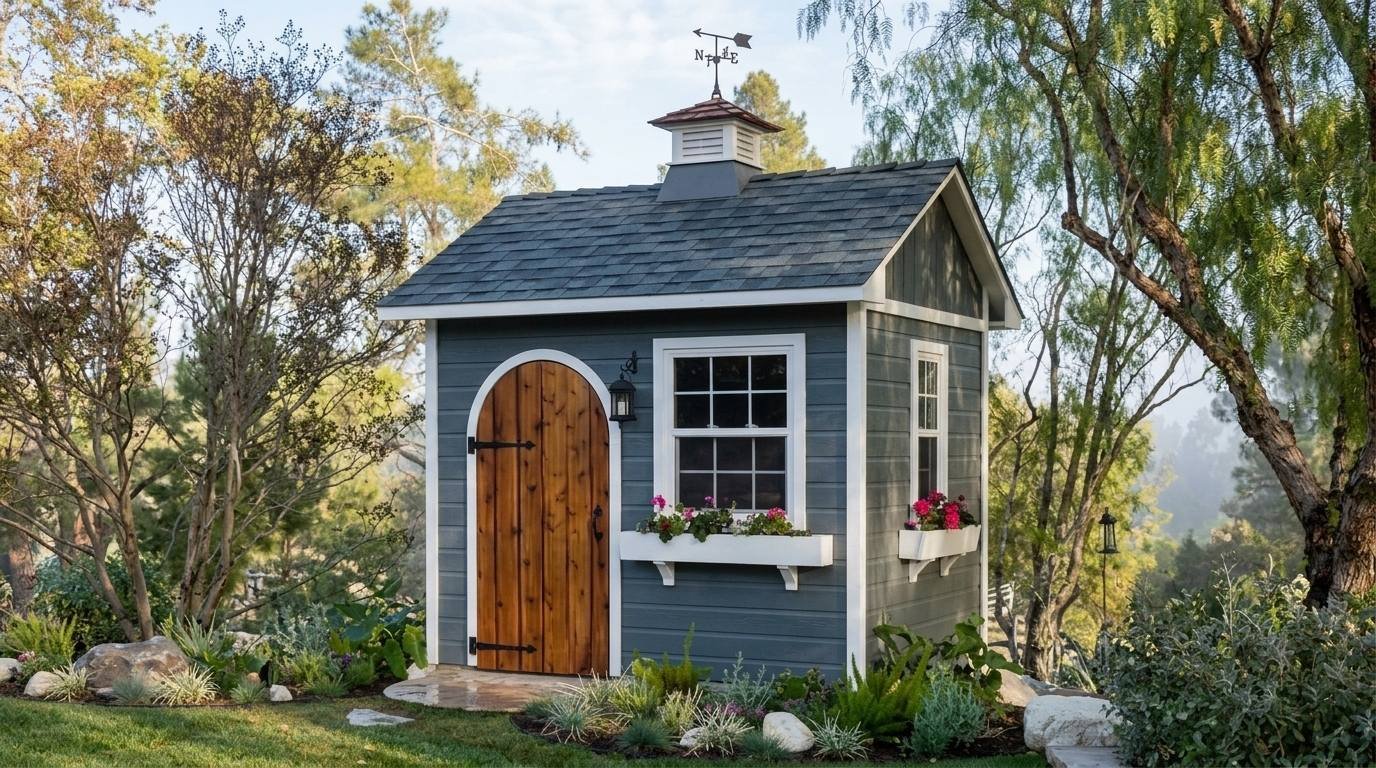Blue colored prefabricated garden shed with arched wood door, flower boxes, weather vane, and green plants.