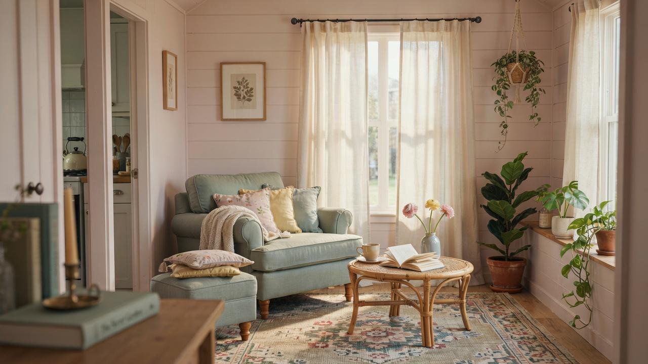 Cozy she shed interior with soft décor and relaxing seating.