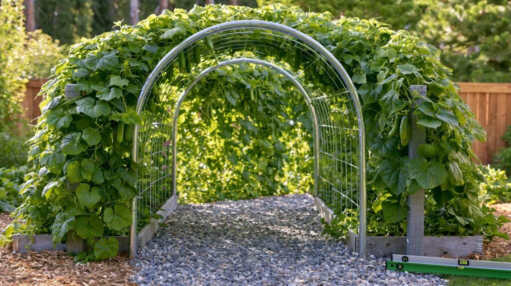 Galvanized cattle panel arch tunnel over raised garden beds with climbing vegetables.