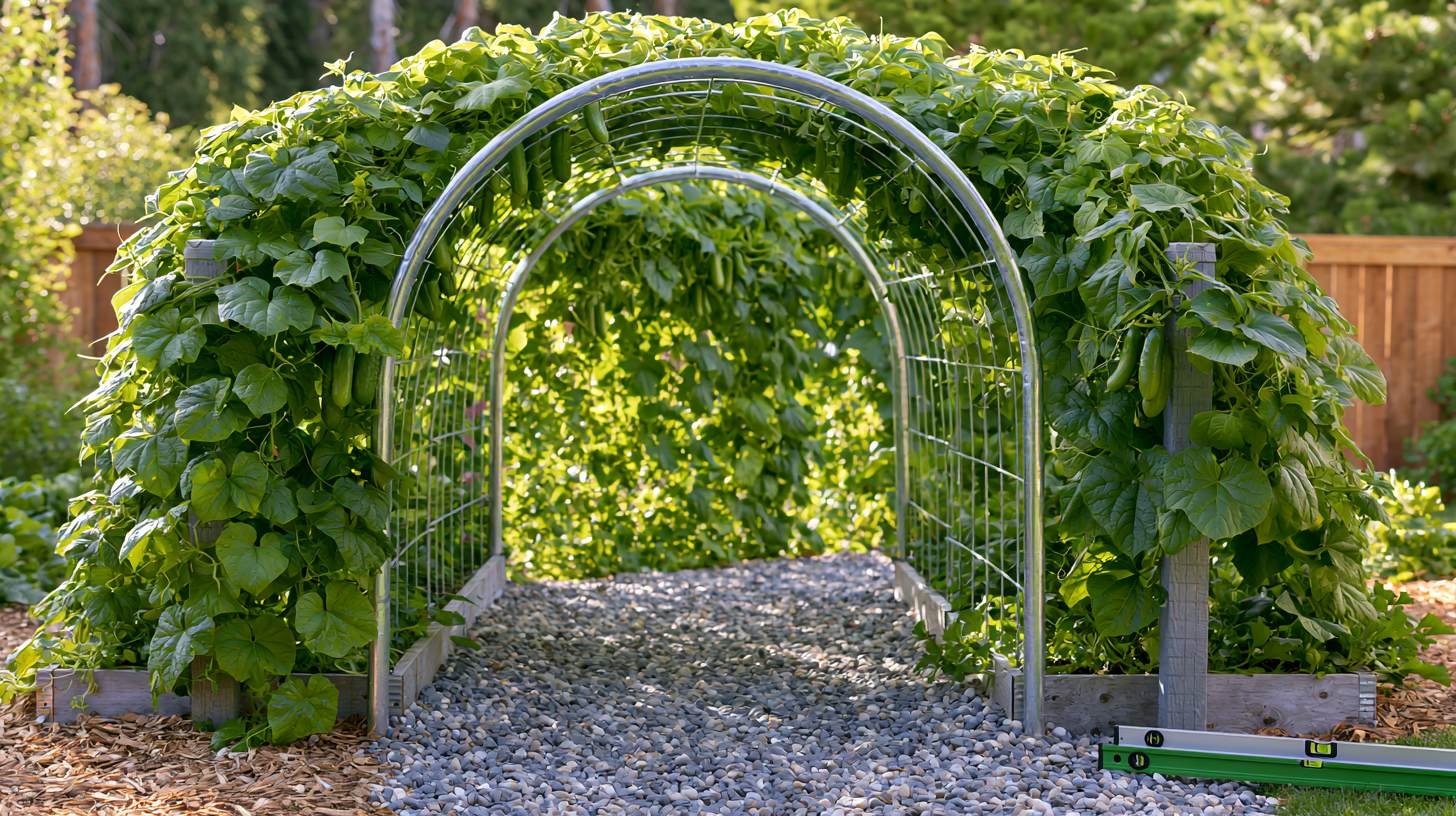 Galvanized cattle panel arch tunnel over raised garden beds with climbing vegetables.