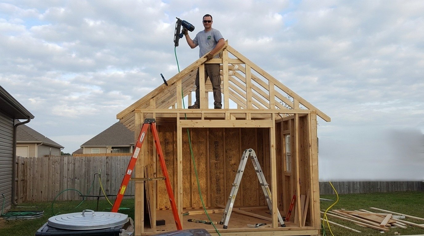Man with nail gun stands on wood shed frame under construction with ladders.
