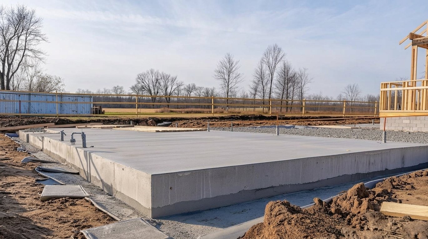 Poured concrete slab foundation at building site with soil, fence, and bare trees.