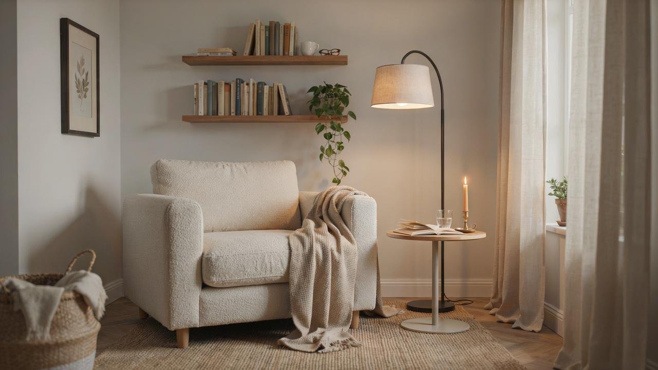 Reading nook inside asmall she shed.