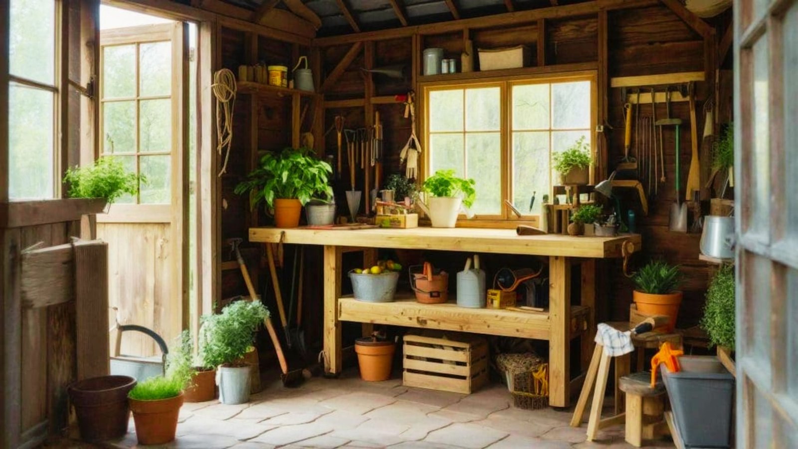 a shed area used for planting and storage.