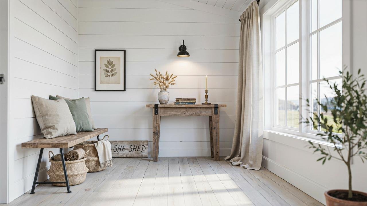 Farmhouse-inspired small she shed interior.