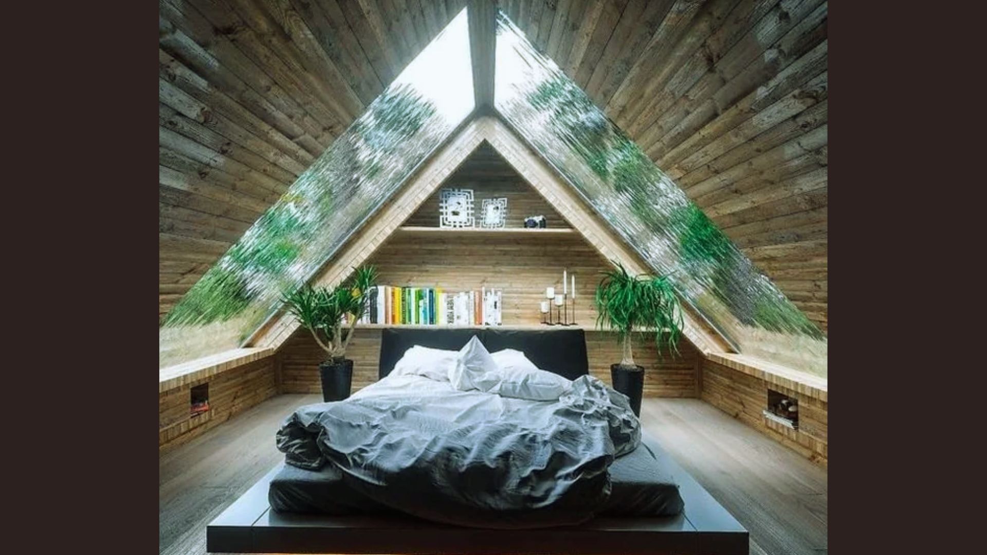 Cozy loft bedroom with skylights - A-frame wood cabin bed under triangular glass roof and forest view