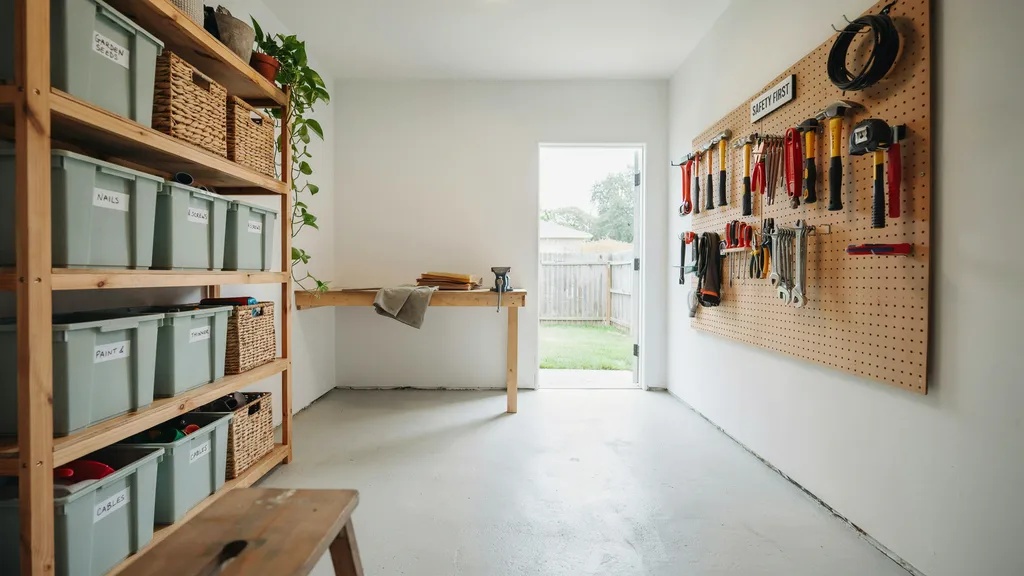 Neatly maintained inside shed with efficient storage and open walking space