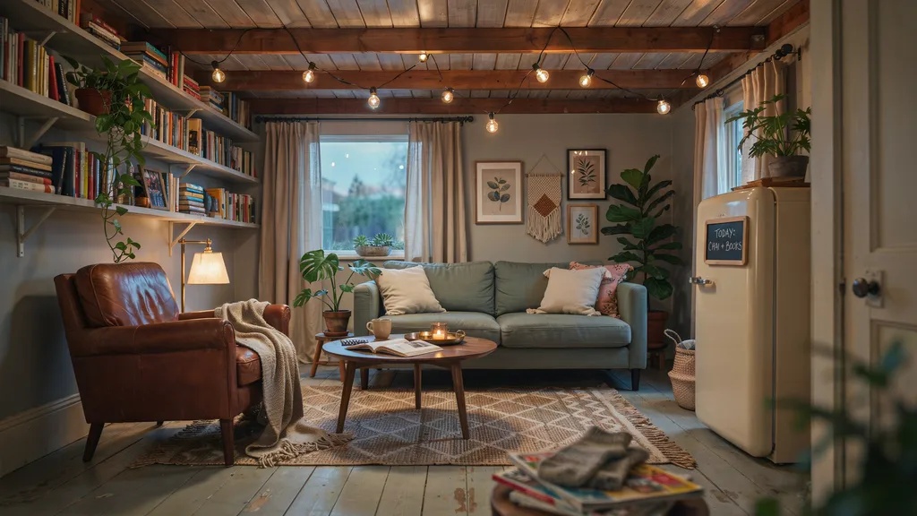 Cozy she shed interior with comfortable seating, warm lighting, and stylish decor