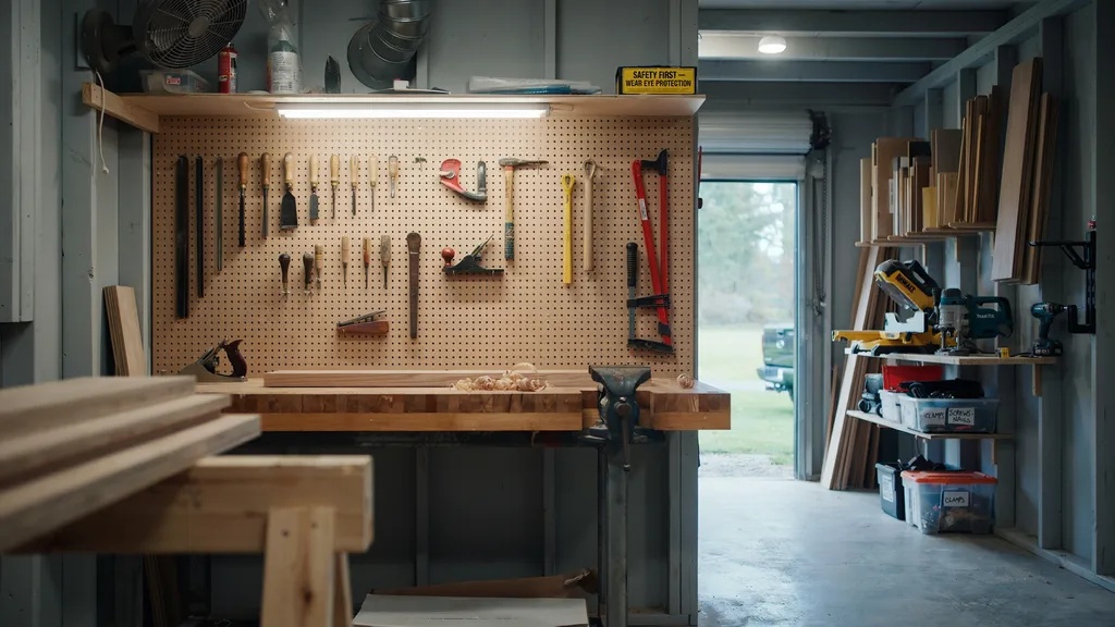 Workshop shed with sturdy workbench, pegboard, and organized power tools
