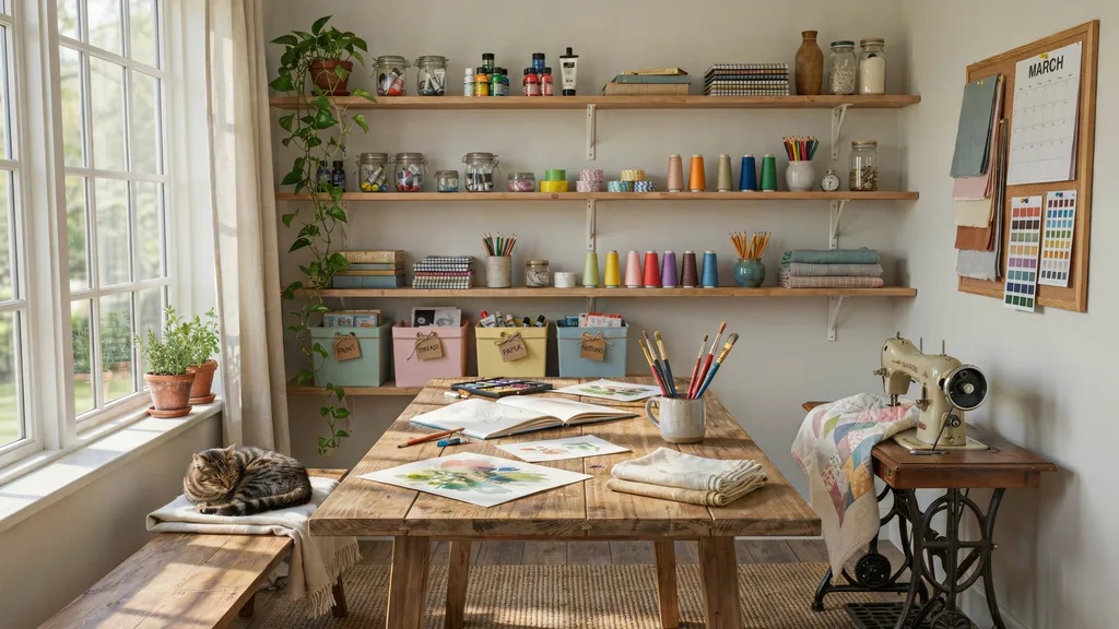 Hobby craft room inside shed with large worktable, storage bins, and natural light