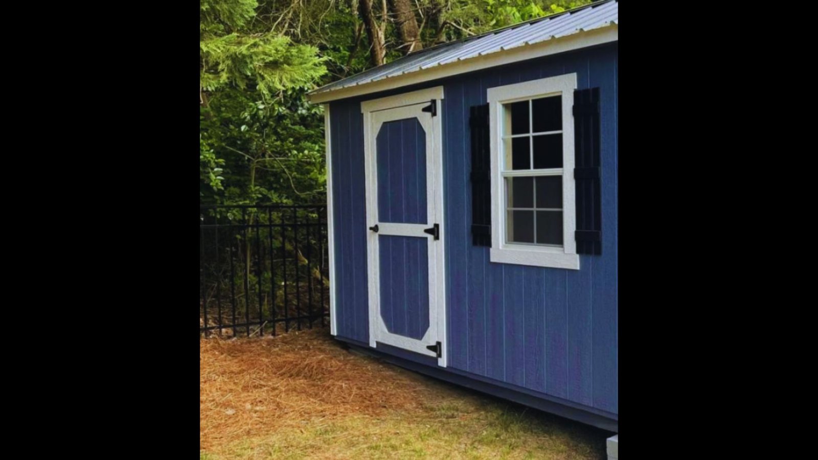 Blue outdoor storage shed with a white single door and white window shutters.