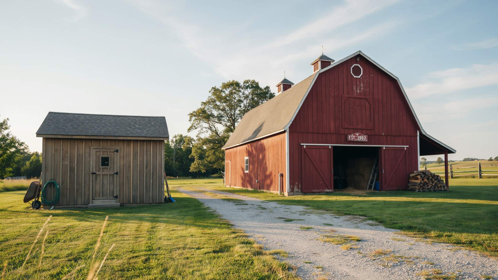 Comparison of a backyard shed and a farm barn for different storage needs.