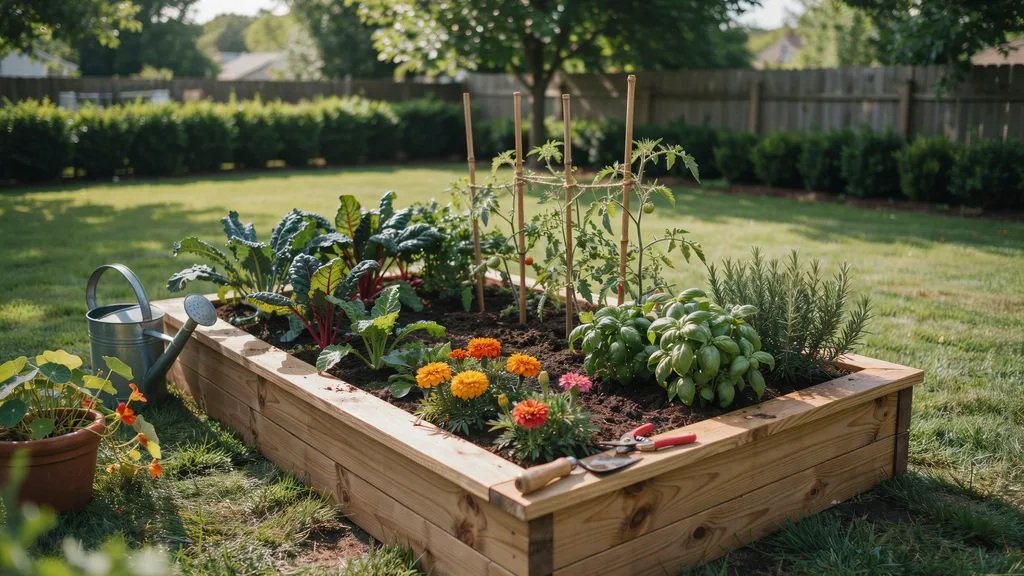 Natural cedar raised garden bed filled with healthy vegetables, herbs, and colorful flowers in a backyard garden.
