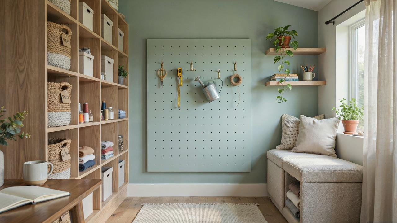 Smart storage solutions inside asmall she shed.