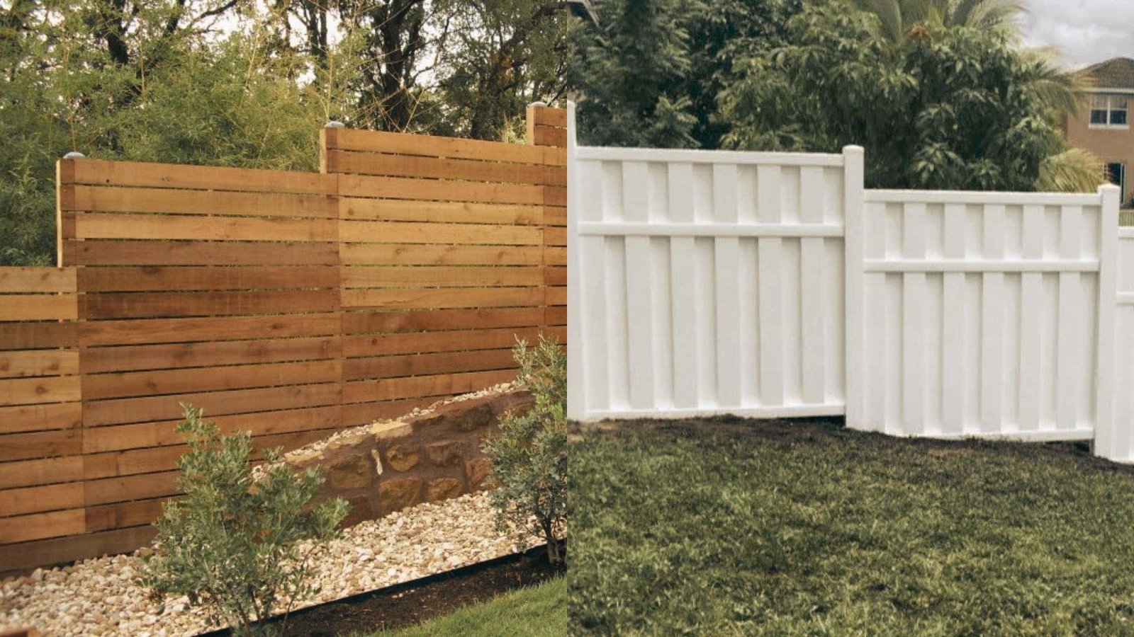 Comparison of wood vs white vinyl step down fences installed on sloped yards