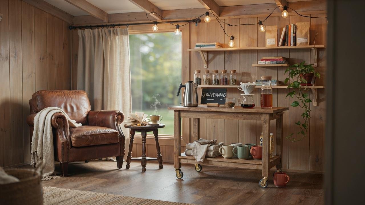 Coffee and tea corner in asmall she shed.