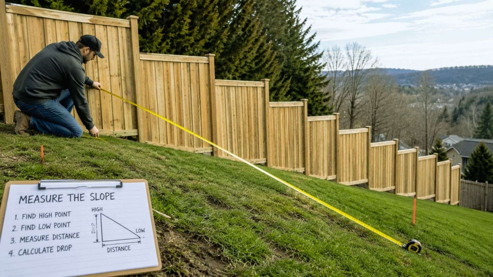 Man measuring slope drop and distance for step down fence installation on hill