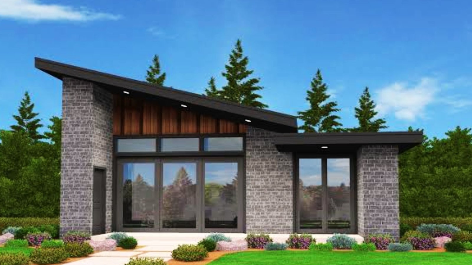 Modern brick house with sloping shed roof, large glass windows, and garden plants.