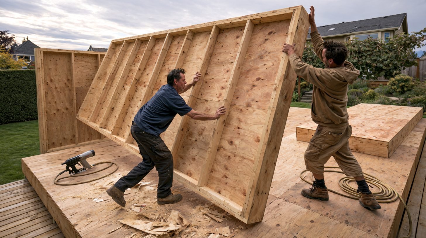 Two builders raising a sheathed timber wall section upright on a plywood shed floor.