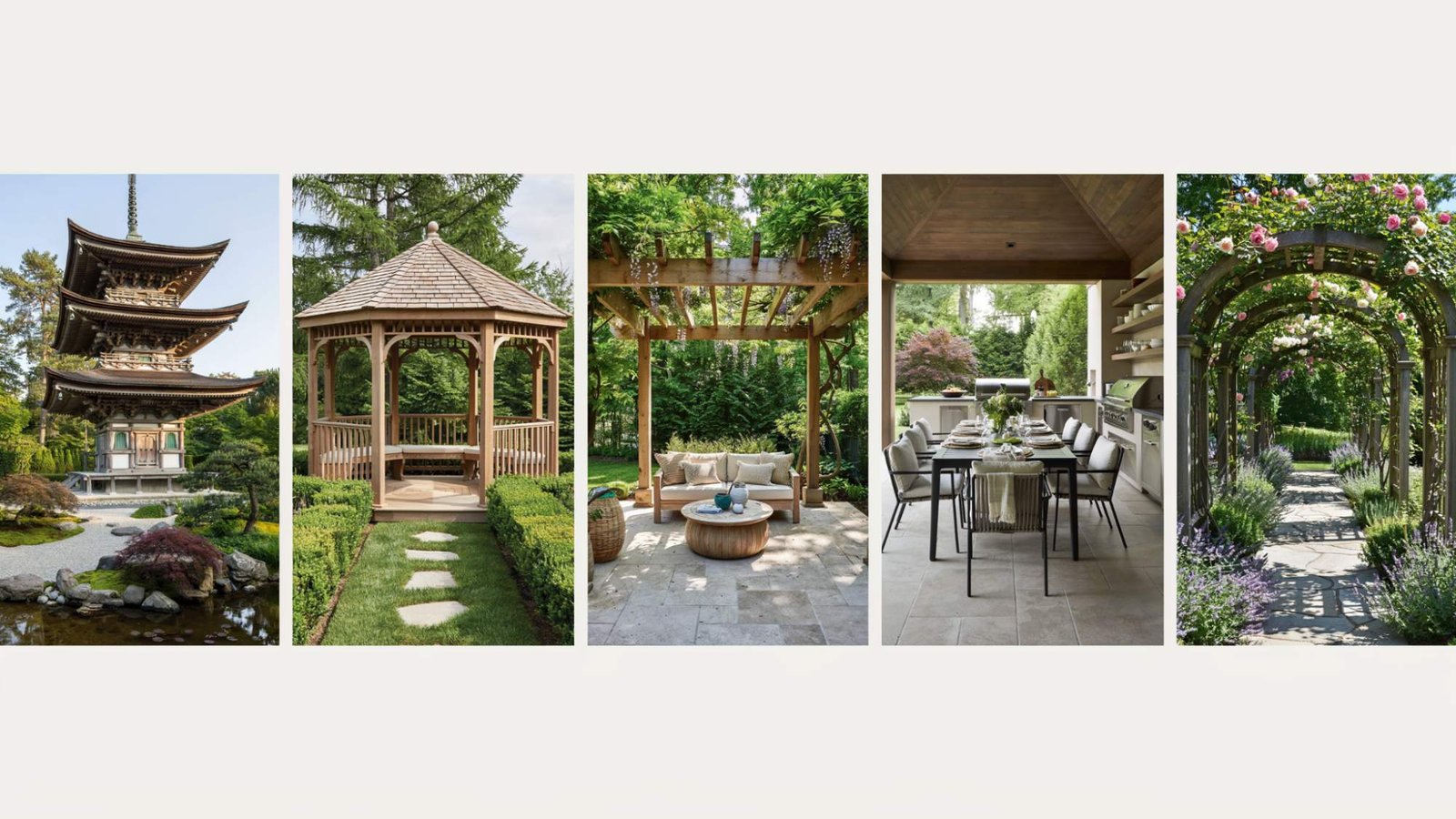 Collage comparing a pagoda, gazebo, pergola, pavilion, and arbor in landscaped outdoor garden settings.