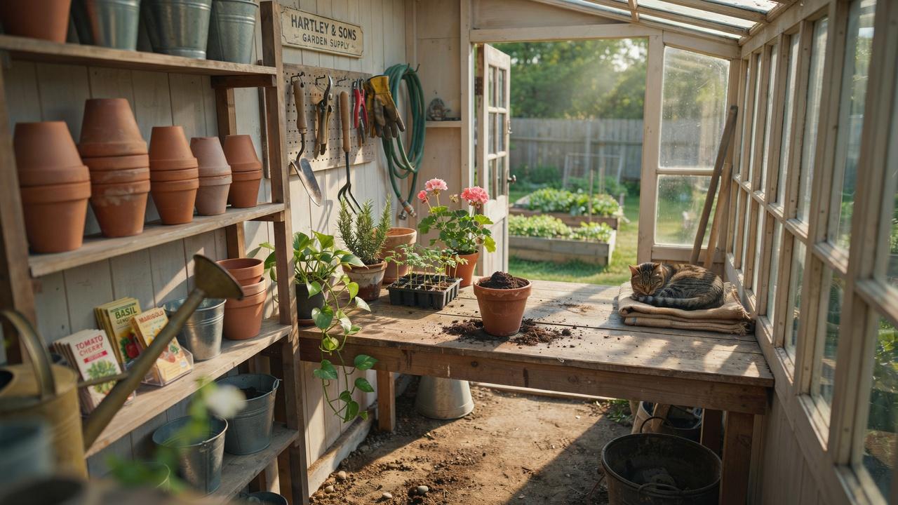 Garden potting shed with workbench and plant storage.