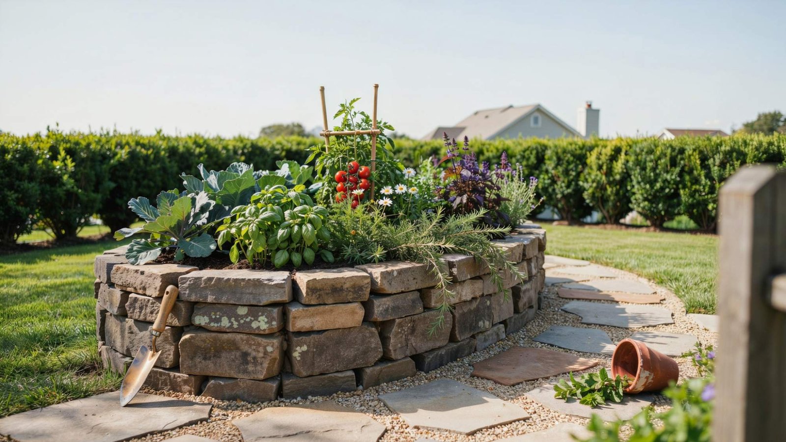 Natural stone raised garden bed with vegetables, herbs, and colorful flowers in a landscaped backyard.