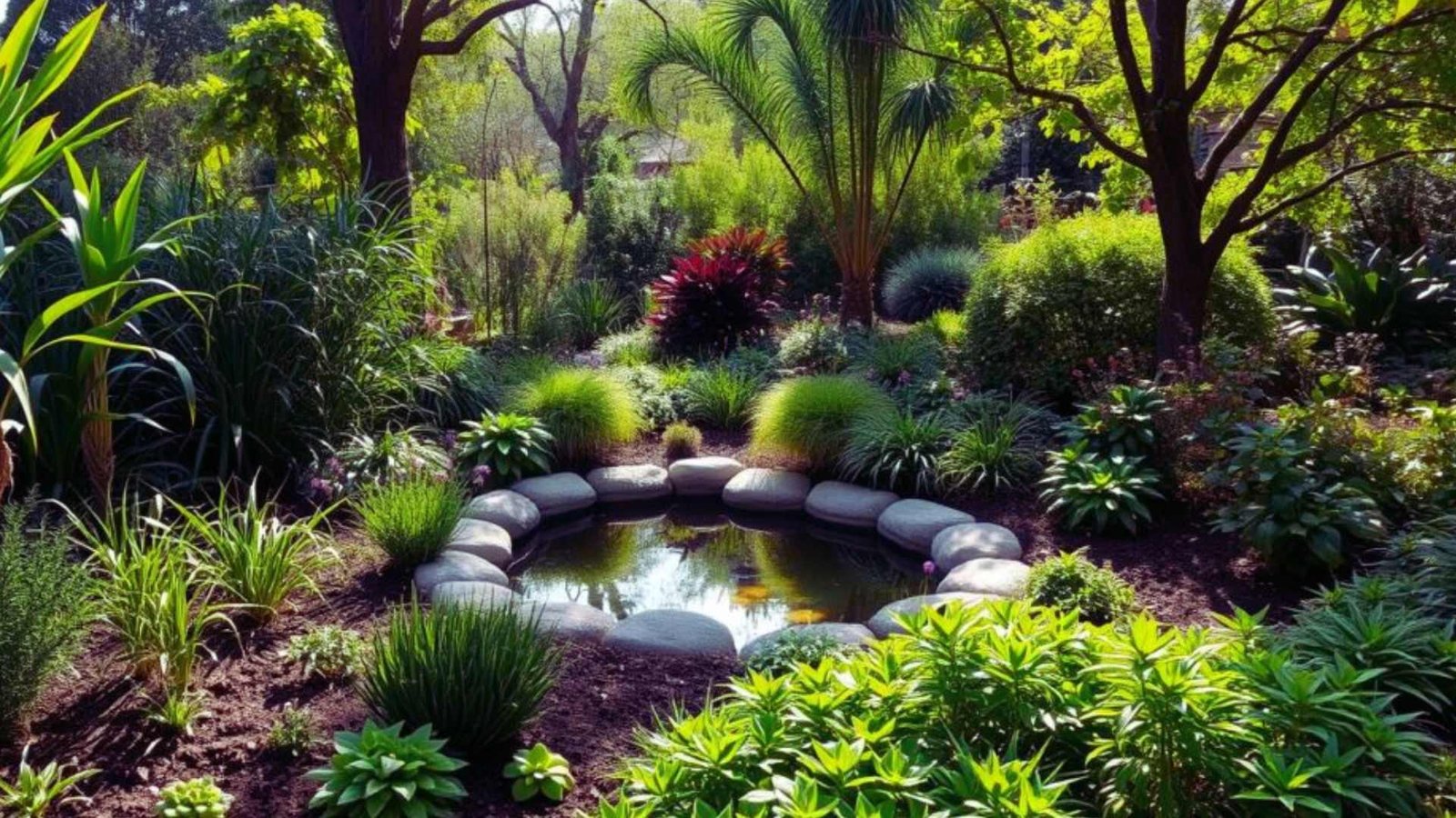 Small natural pond with stone border surrounded by lush water-wise plantings