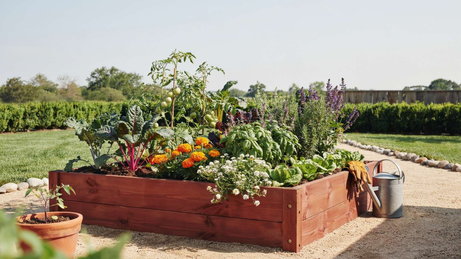 Redwood raised garden bed with healthy vegetables, herbs, and colorful flowers in a well-maintained backyard garden.