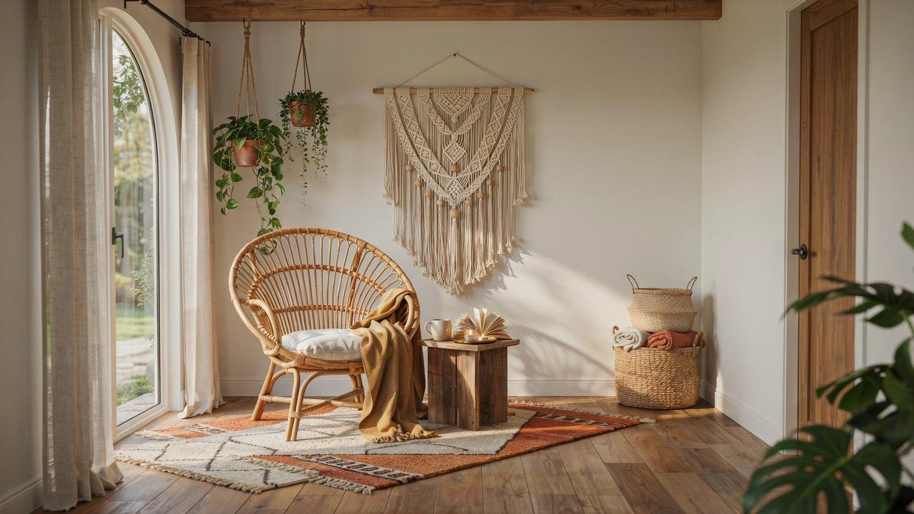 Boho chic small she shed interior.