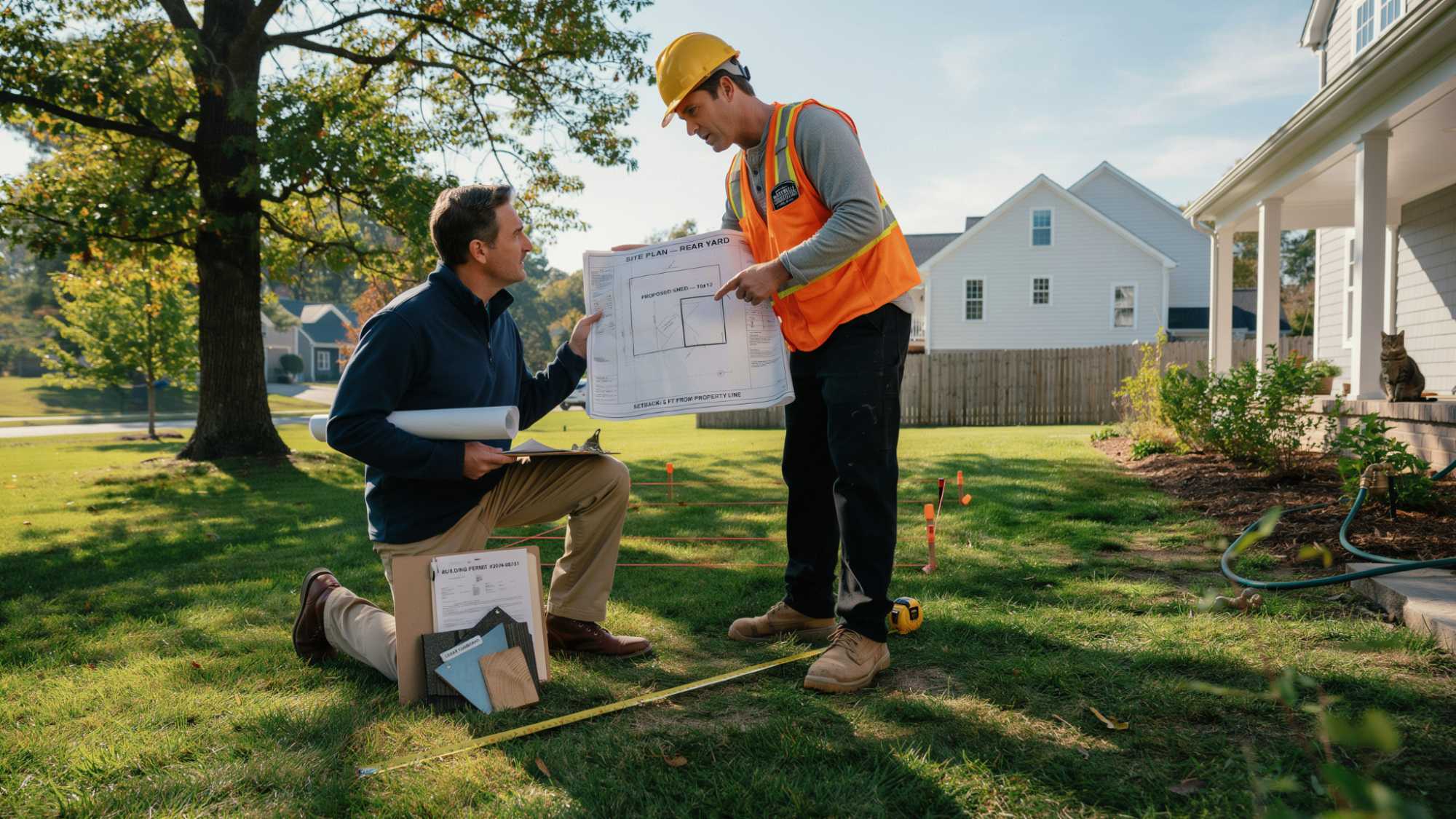 Homeowner planning a shed project with site measurements, blueprints, and careful preparation before construction.