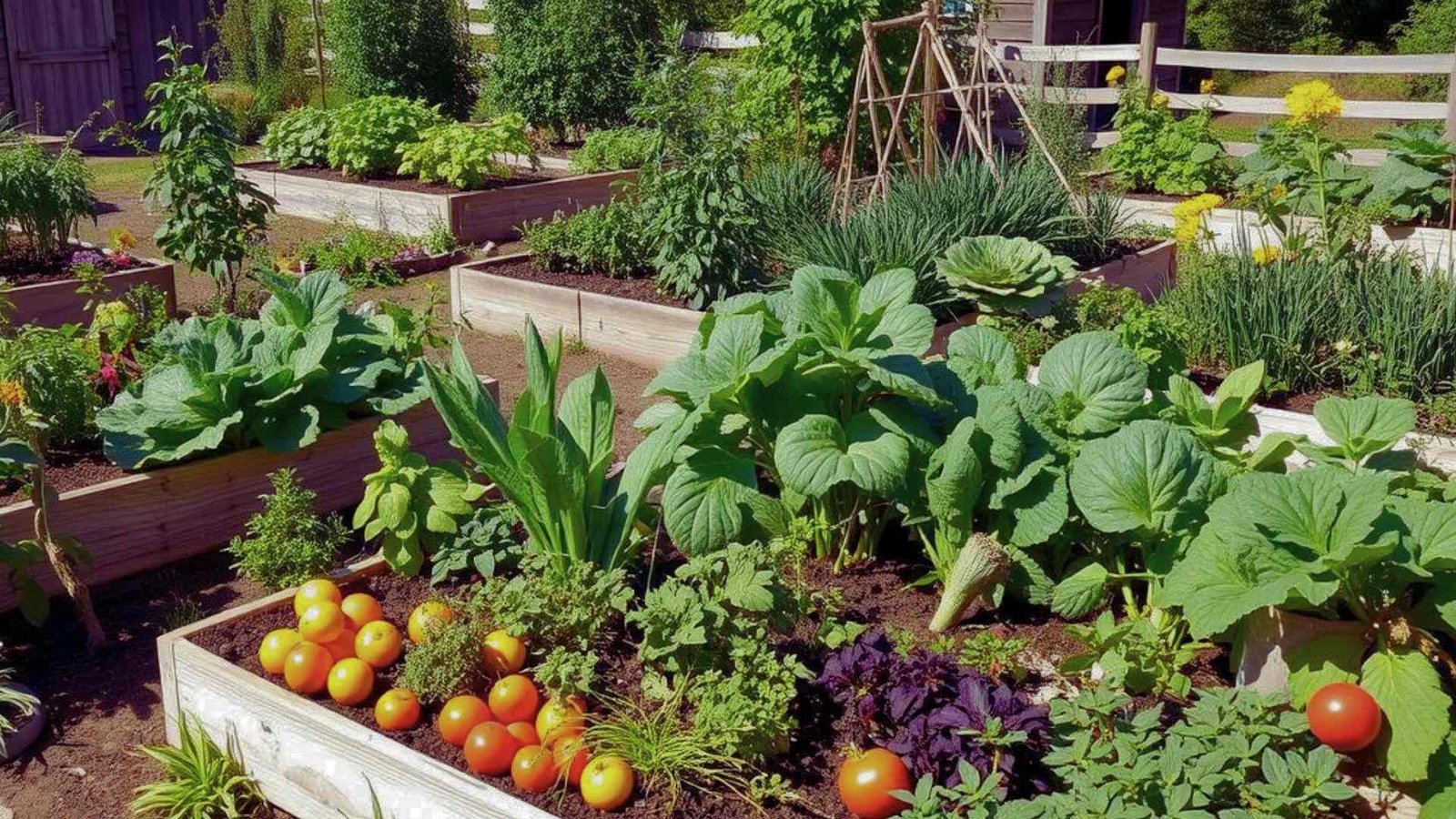 Raised bed permaculture garden with tomatoes and greens showing intensive planting