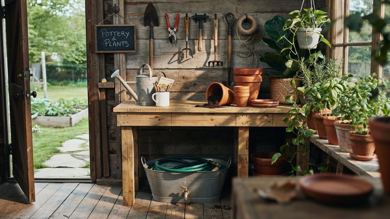 Potting shed workspace inside a small she shed with DIY potting bench and garden storage.