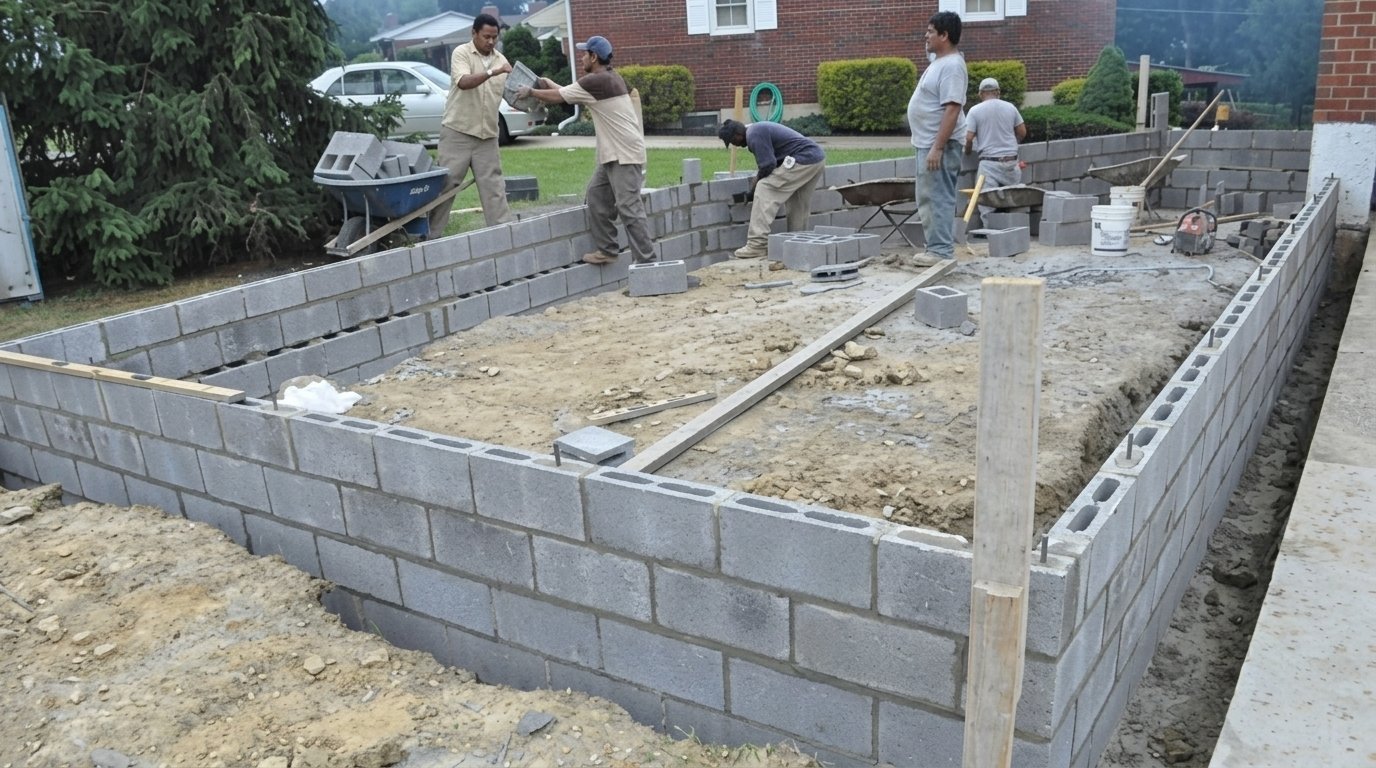 Workers building concrete block foundation walls at construction site with tools and wheelbarrow.