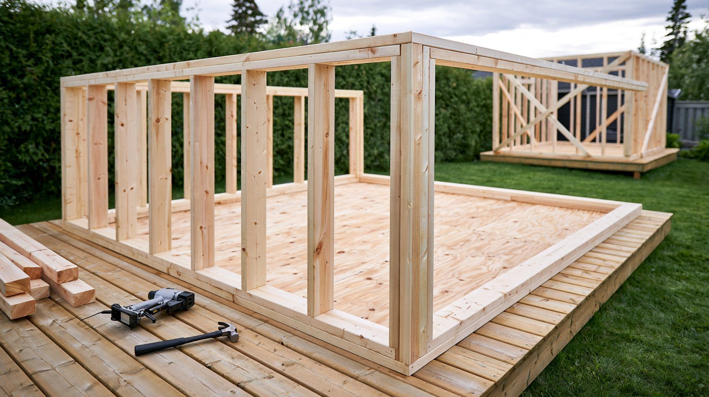 Framed shed walls with evenly spaced studs standing on plywood deck, tools and lumber nearby.