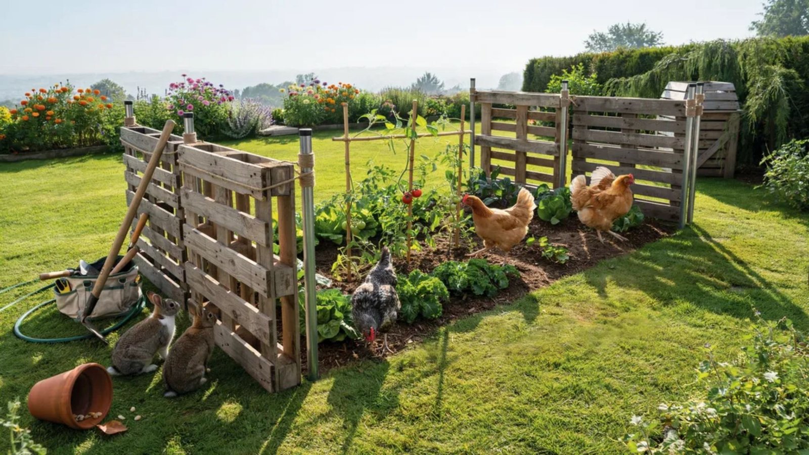 no dig pallet fence protecting a garden with chickens inside and rabbits outside.