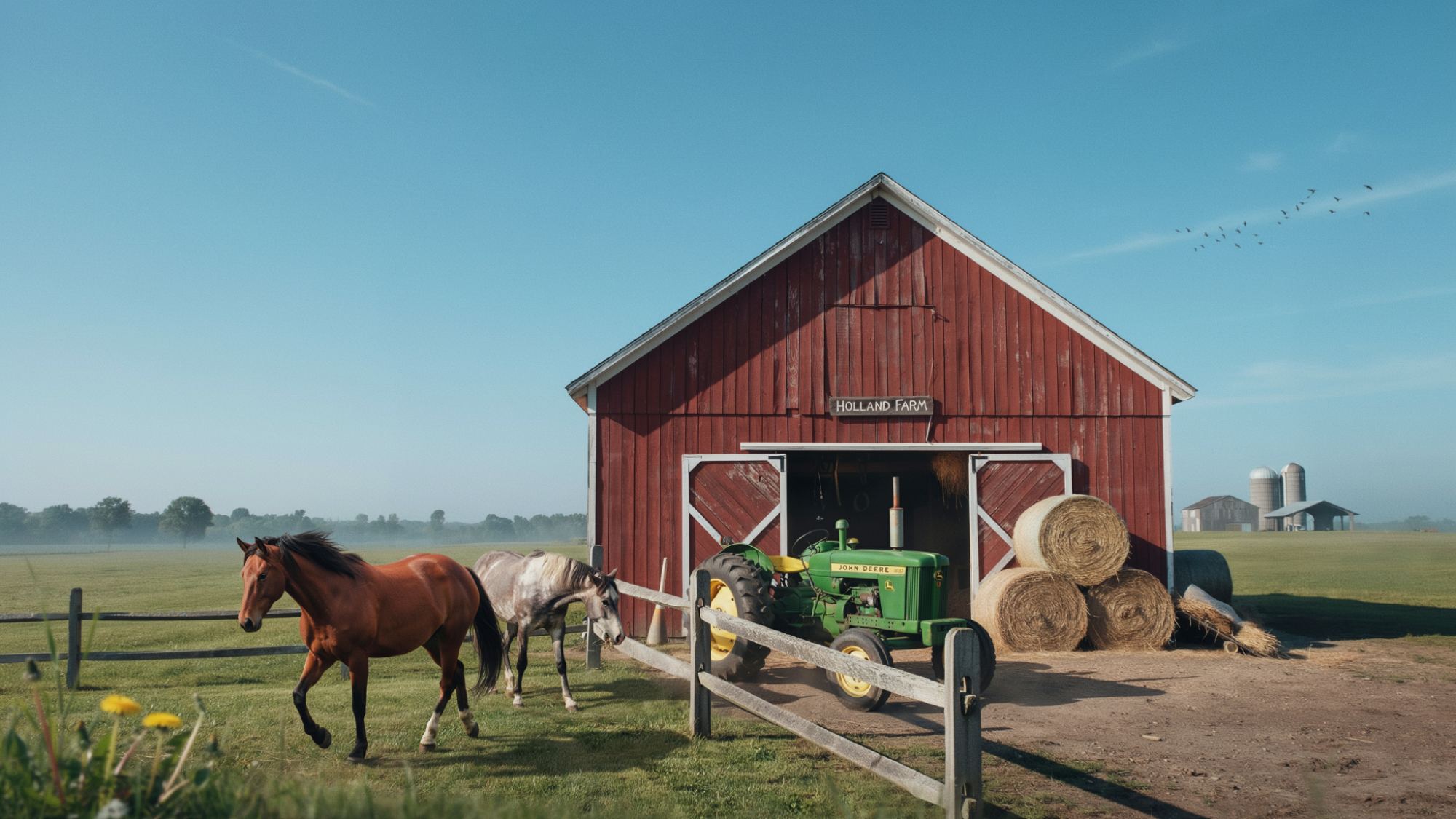 Large farm barn used for livestock, hay storage, and agricultural equipment.