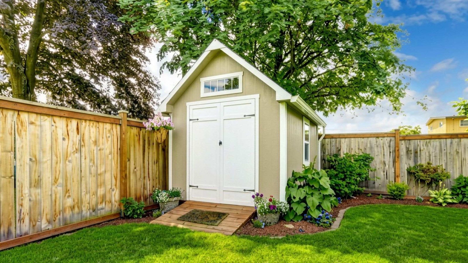 Beige garden shed with a gable roof, white double doors, and a transom window, set against a wooden fence with flower beds and green lawn.