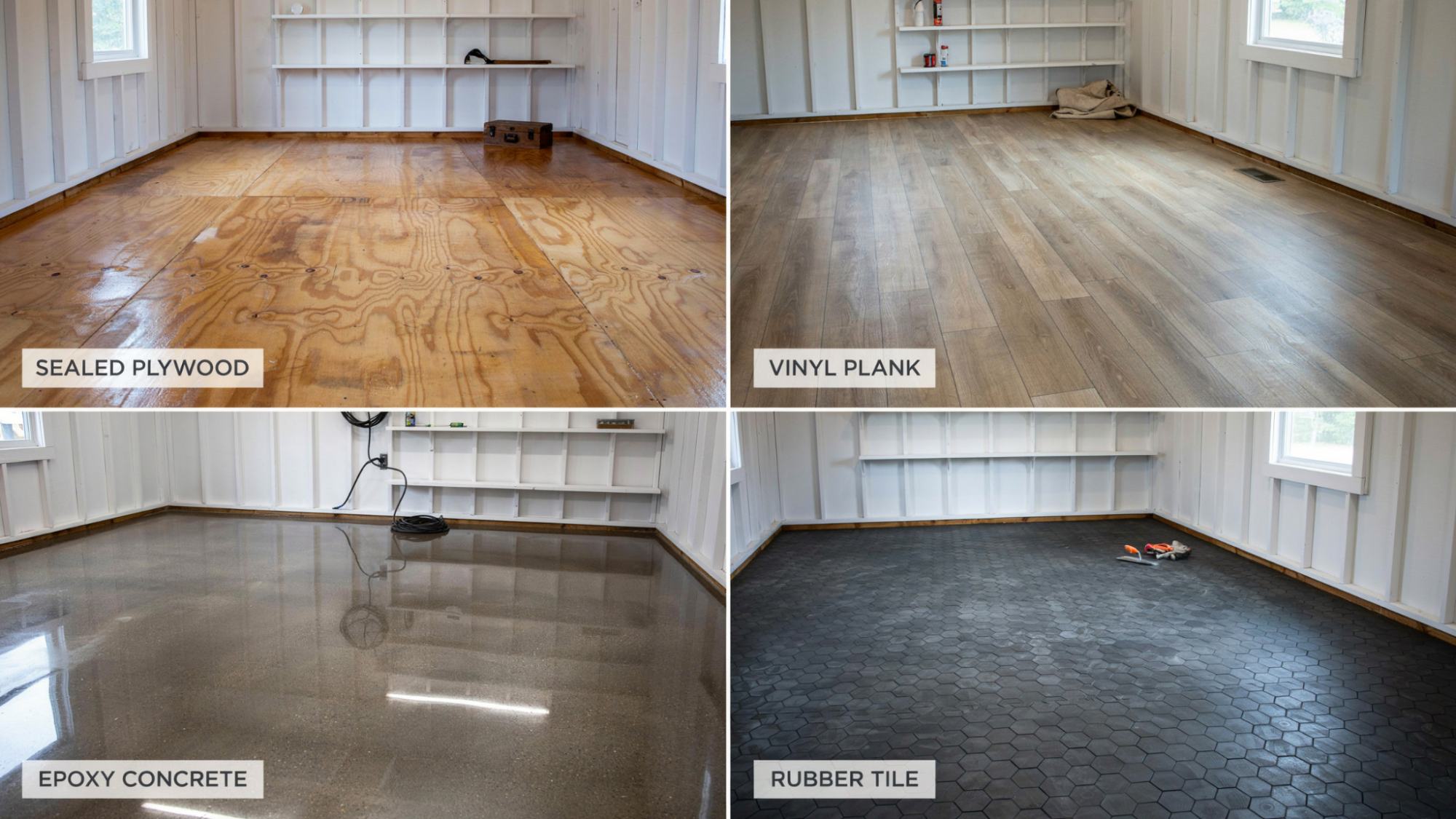 Different flooring materials used inside a backyard shed