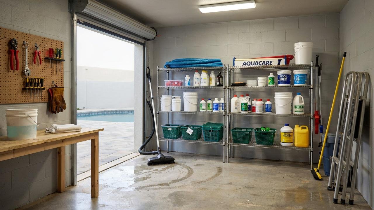 Interior view of a garage storage room with metal wire shelving unit organizing pool chemicals and equipment.