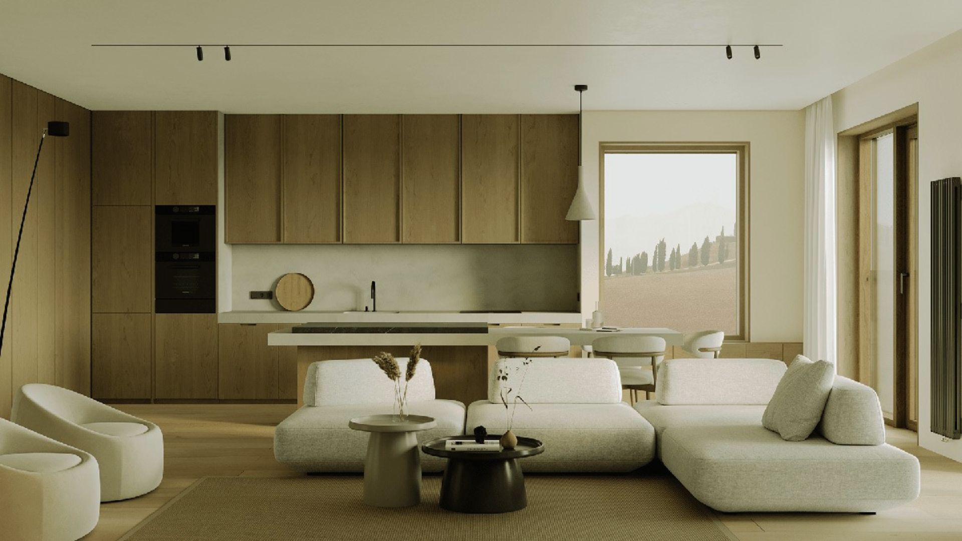 Japandi shed tiny house interior - calm functional design with light wood kitchen, white modular sofa and minimal decor