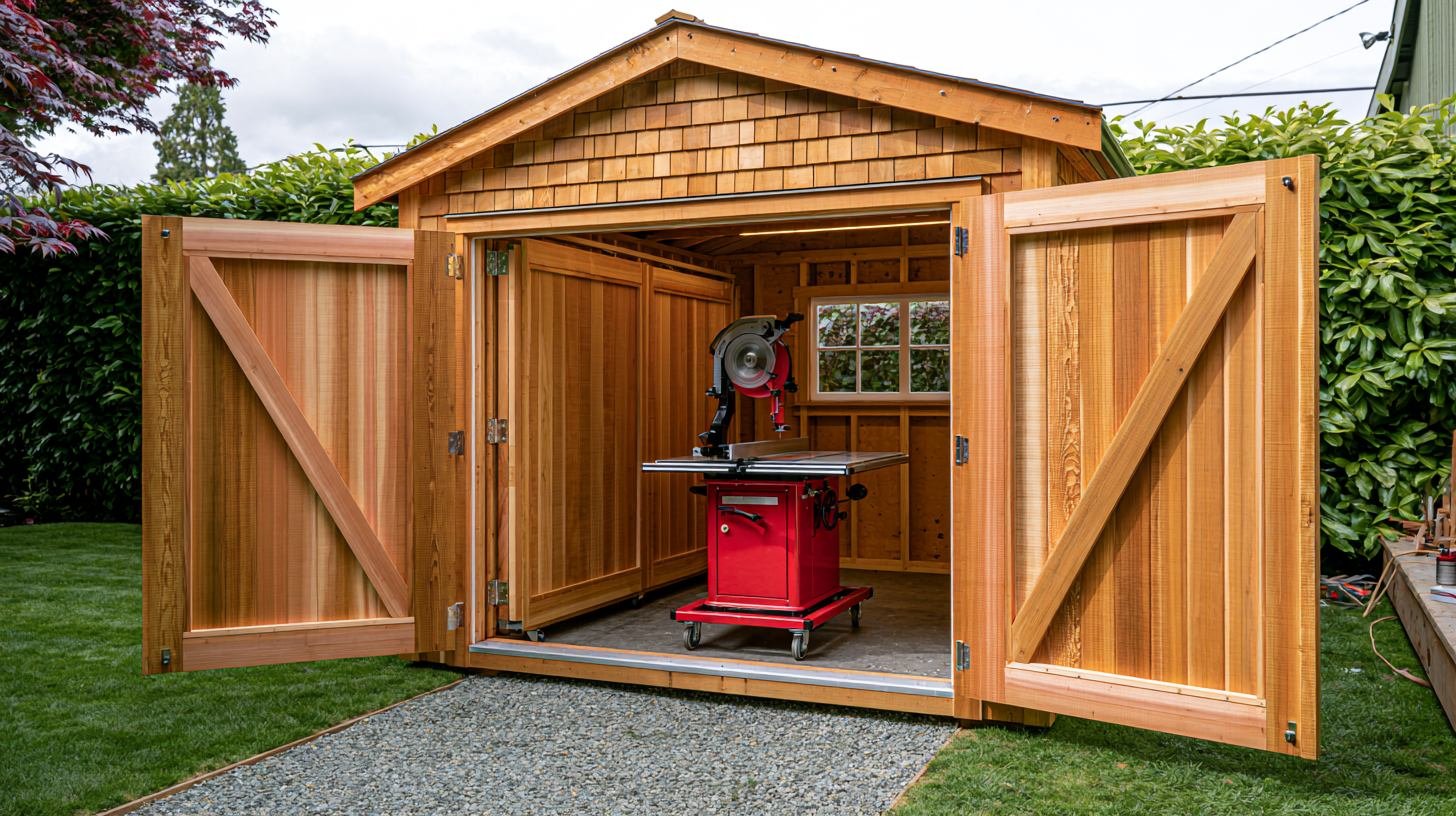 Wide double doors open on cedar shed with red table saw on mobile base inside.