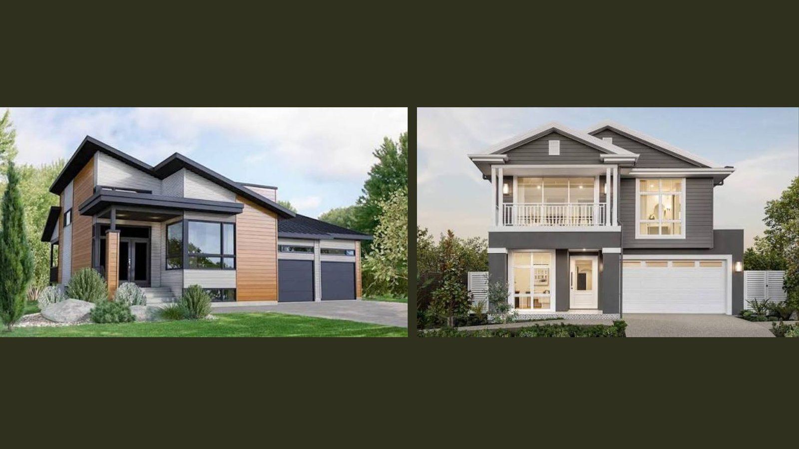 Modern house with sloping shed roof beside two story grey house with gable roof.