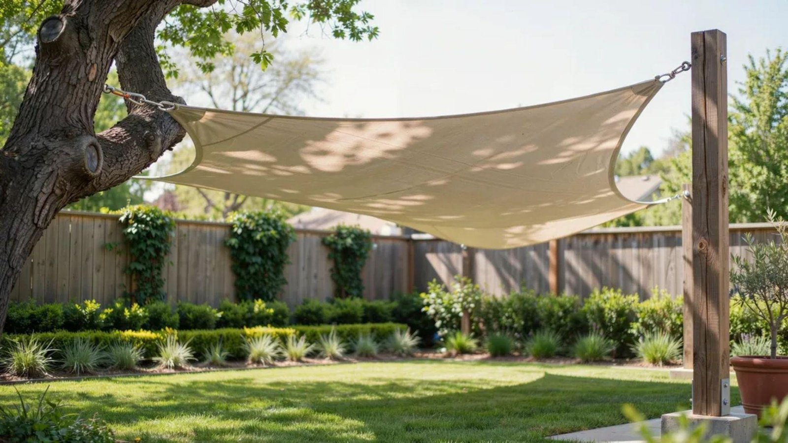shade sail anchored between a mature tree and a wooden support post.