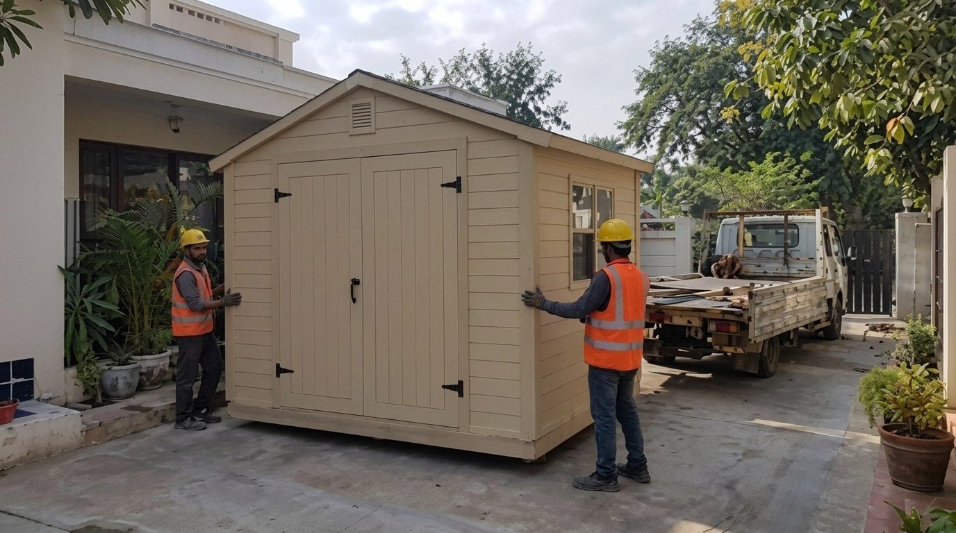 Two workers in vests moving prebuilt tan shed near truck at house driveway.