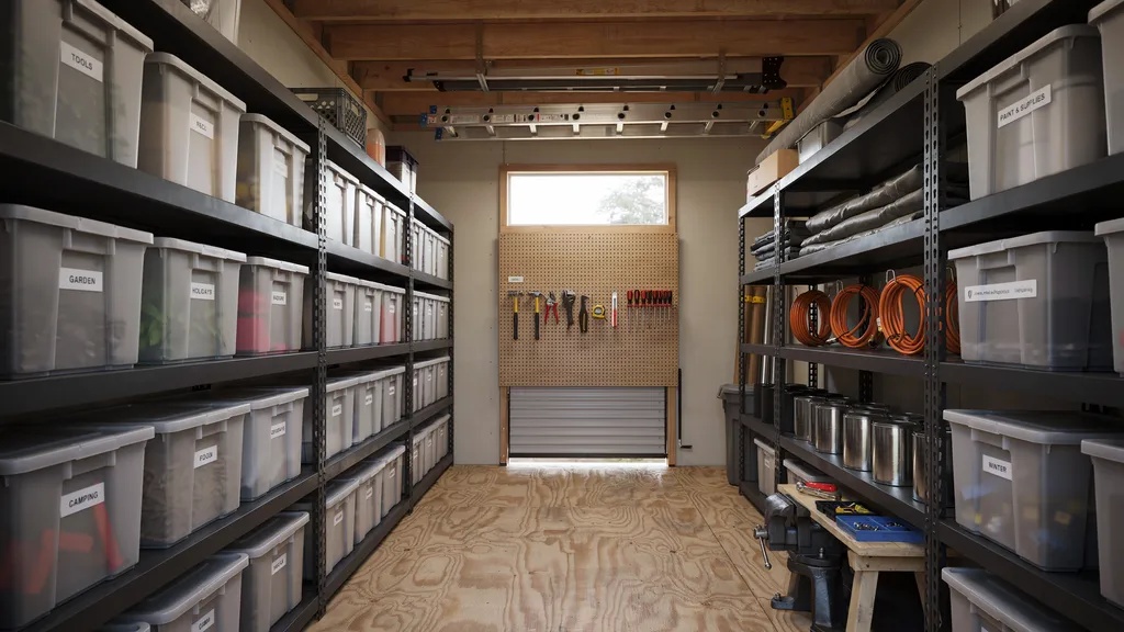 Storage-focused inside shed with shelving units, stackable bins, and organized layout