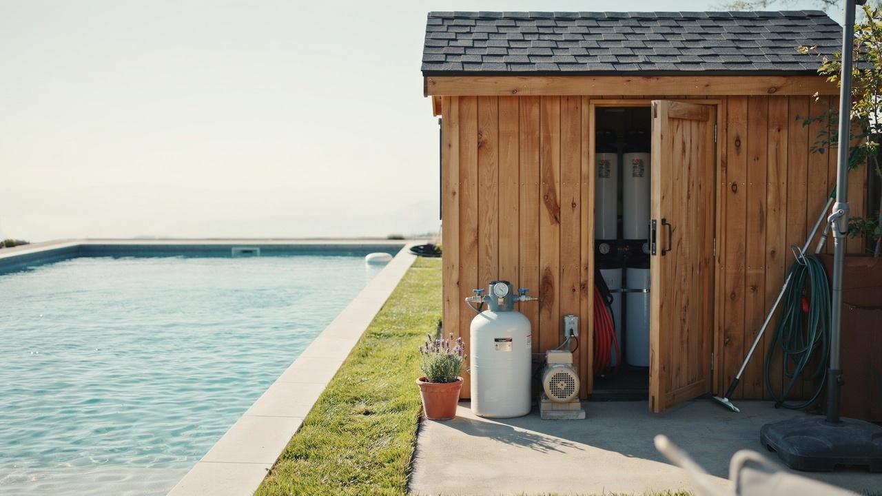 A small wooden pool filter shed with open doors next to a swimming pool and pool equipment.